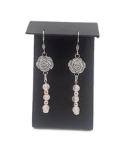Load image into Gallery viewer, Floral Breast Cancer Awareness Earrings with Rose Quartz Beads
