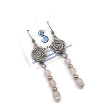 Load image into Gallery viewer, Floral Breast Cancer Awareness Earrings with Rose Quartz Beads
