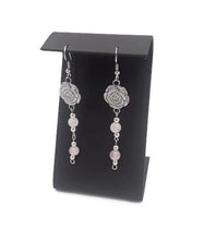 Load image into Gallery viewer, Floral Breast Cancer Awareness Earrings with Rose Quartz Beads
