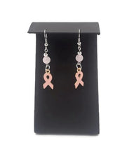 Load image into Gallery viewer, Rose Breast Cancer Awareness Earrings with Rose Quartz Beads
