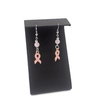 Load image into Gallery viewer, Rose Breast Cancer Awareness Earrings with Rose Quartz Beads
