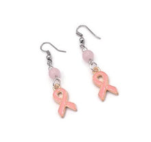 Load image into Gallery viewer, Rose Breast Cancer Awareness Earrings with Rose Quartz Beads
