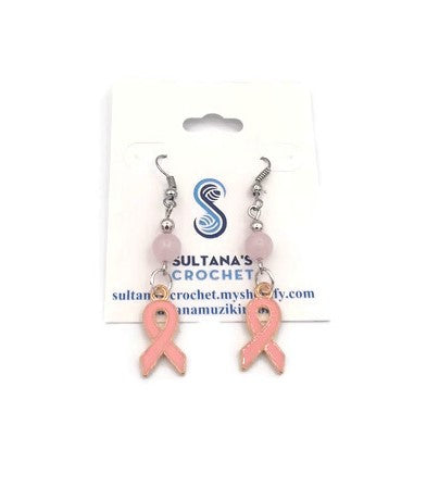 Rose Breast Cancer Awareness Earrings with Rose Quartz Beads