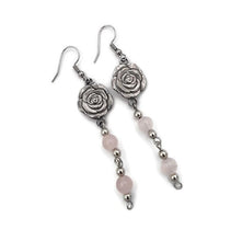 Load image into Gallery viewer, Floral Breast Cancer Awareness Earrings with Rose Quartz Beads
