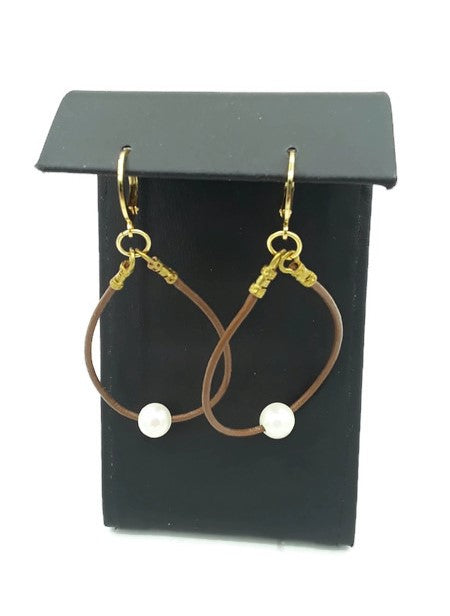 Brown Leather and Freshwater Pearl Hoop Earrings