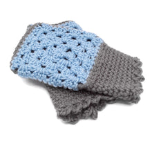 Load image into Gallery viewer, Light Blue &amp; Gray Granny Square Fingerless Gloves
