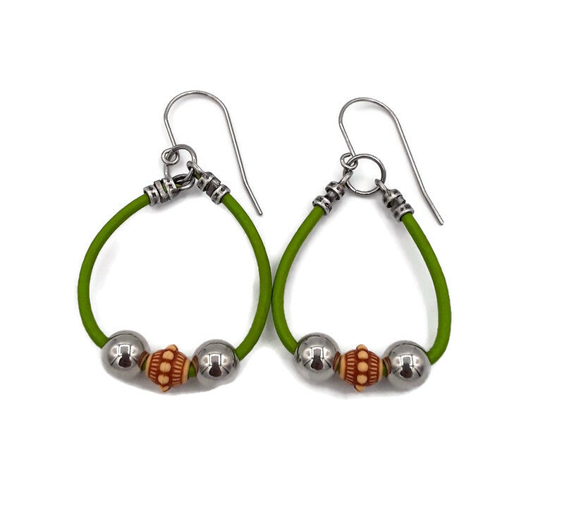 Green Leather Hoop Earrings