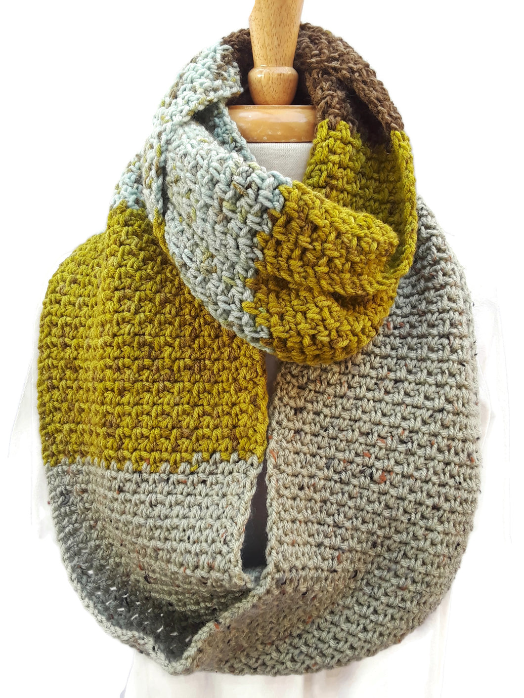 Olive Green and Brown Color Block Infinity Scarf