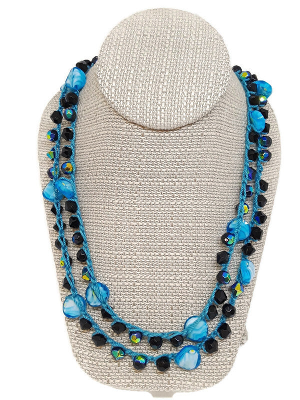 Turquoise Color and Dark Blue Glass Bead Infinity Crochet Necklace