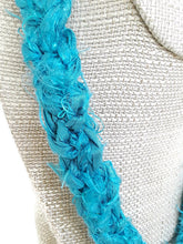 Load image into Gallery viewer, Recycled Sari Silk Ribbon Crochet Necklace with Silver Tone Filigree Beads and Tube Beads

