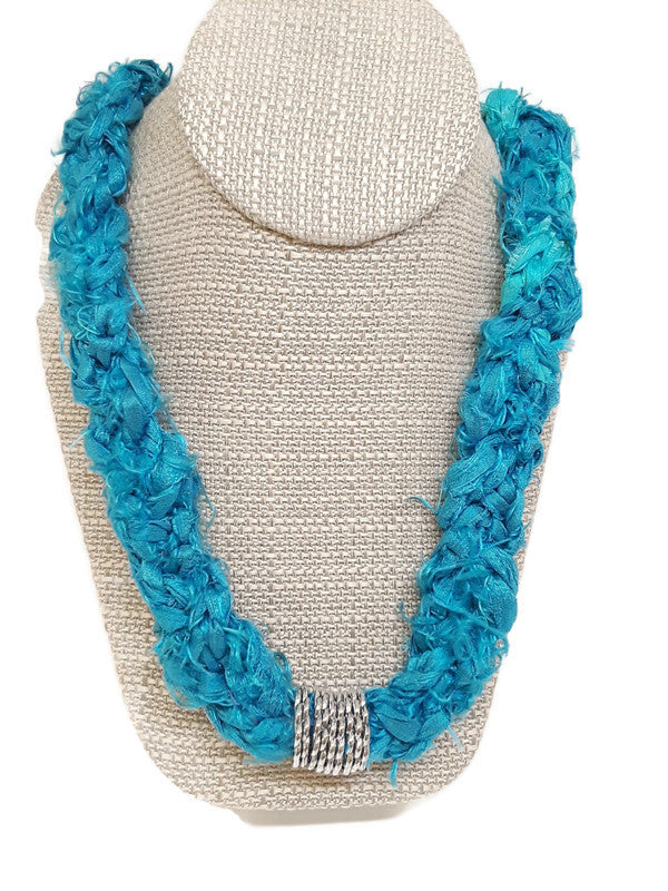 Recycled Sari Silk Ribbon Crochet Necklace with Silver Tone Filigree Beads and Tube Beads