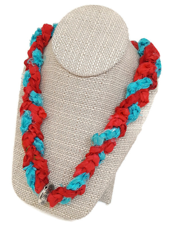Multi-Color Recycled Sari Silk Ribbon Crochet Necklace