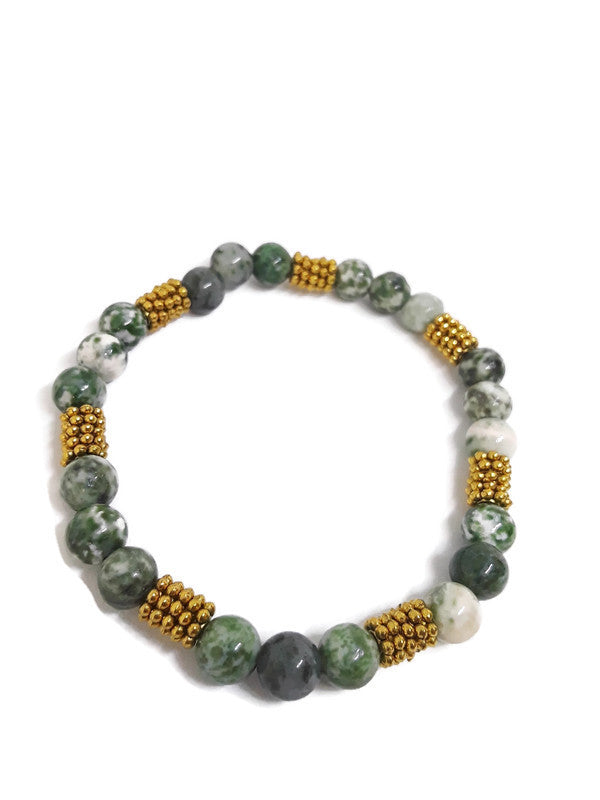Green Mixed Ornamental Stone Bead Stretch Bracelet