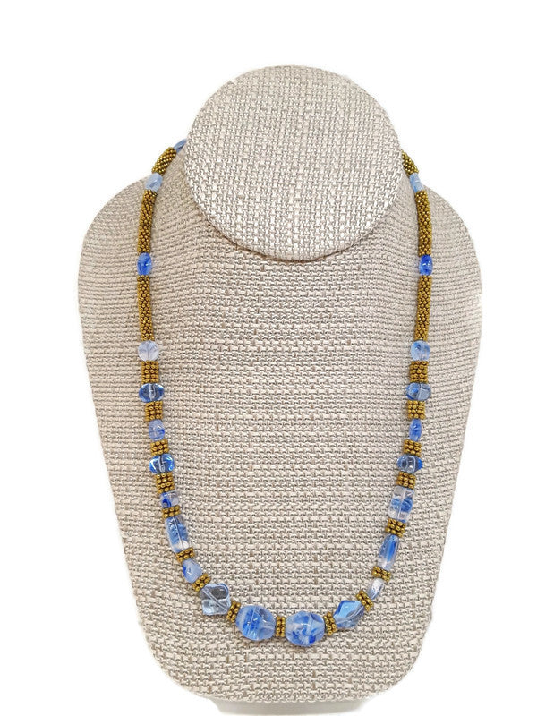 Light Blue Czech Glass and Gold Tone Spacer Bead Necklace
