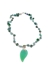 Load image into Gallery viewer, Multi-Color Green Czech Glass Bead Crochet Necklace with Leaf Shape Pendant
