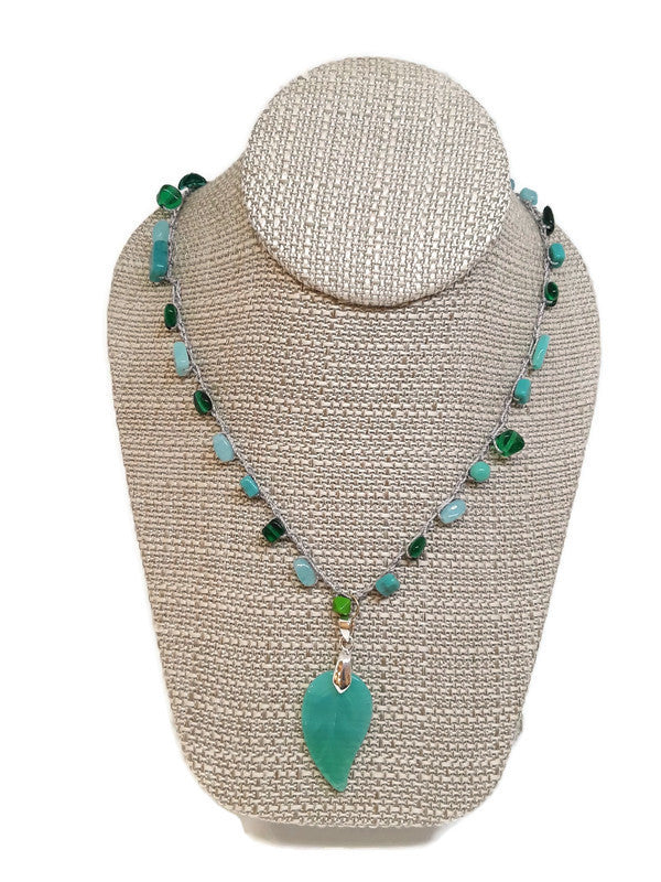 Multi-Color Green Czech Glass Bead Crochet Necklace with Leaf Shape Pendant