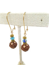 Load image into Gallery viewer, Carved Acrylic Bead Earrings with Turquoise Color Czech Glass Beads
