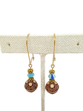 Load image into Gallery viewer, Carved Acrylic Bead Earrings with Turquoise Color Czech Glass Beads
