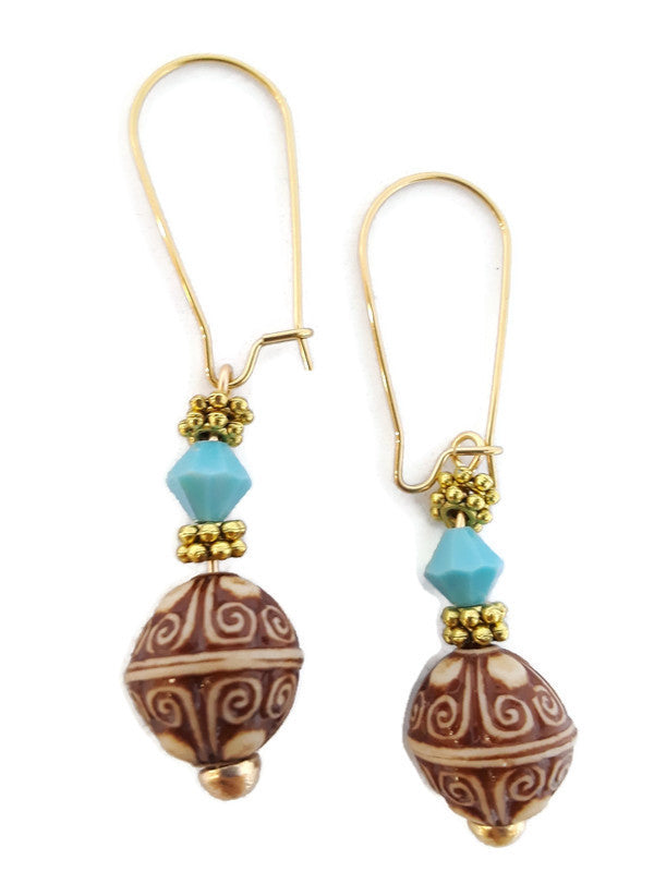 Carved Acrylic Bead Earrings with Turquoise Color Czech Glass Beads
