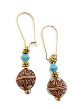 Load image into Gallery viewer, Carved Acrylic Bead Earrings with Turquoise Color Czech Glass Beads
