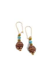 Load image into Gallery viewer, Carved Acrylic Bead Earrings with Turquoise Color Czech Glass Beads
