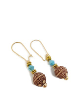 Load image into Gallery viewer, Carved Acrylic Bead Earrings with Turquoise Color Czech Glass Beads
