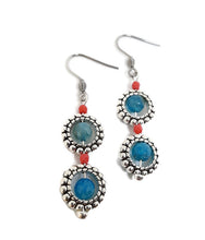 Load image into Gallery viewer, Blue Agate and Silver Tone Bead Frame Earrings
