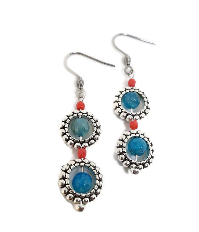 Blue Agate and Silver Tone Bead Frame Earrings