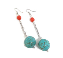 Load image into Gallery viewer, Turquoise Color Ceramic Bead and Orange Czech Glass Bead Earrings
