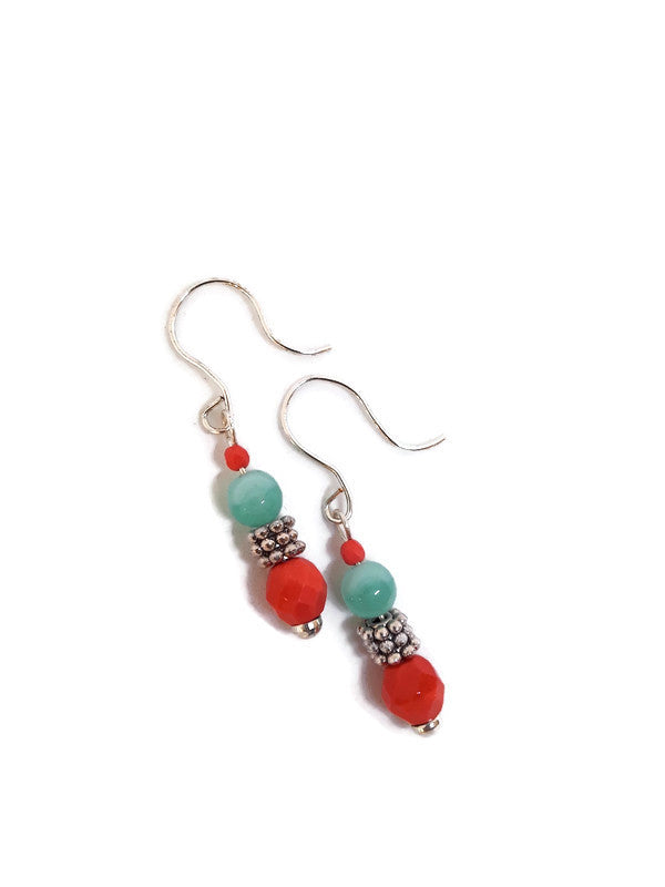 Blue Agate and Orange Czech Glass Bead Earrings