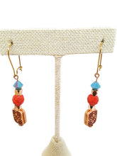 Load image into Gallery viewer, Turquoise and Orange Color Czech Glass Bead and Carved Acrylic Square Bead Earrings
