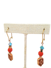 Load image into Gallery viewer, Turquoise and Orange Color Czech Glass Bead and Carved Acrylic Square Bead Earrings
