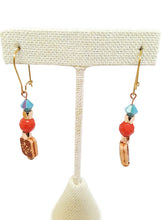 Load image into Gallery viewer, Turquoise and Orange Color Czech Glass Bead and Carved Acrylic Square Bead Earrings
