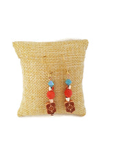 Load image into Gallery viewer, Turquoise and Orange Color Czech Glass Bead and Carved Acrylic Square Bead Earrings

