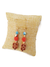 Load image into Gallery viewer, Turquoise and Orange Color Czech Glass Bead and Carved Acrylic Square Bead Earrings
