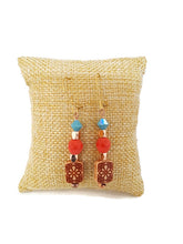Load image into Gallery viewer, Turquoise and Orange Color Czech Glass Bead and Carved Acrylic Square Bead Earrings
