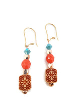Load image into Gallery viewer, Turquoise and Orange Color Czech Glass Bead and Carved Acrylic Square Bead Earrings
