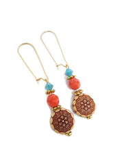 Load image into Gallery viewer, Turquoise Color Czech Glass Bead and Floral Carved Oval Acrylic Bead Earrings

