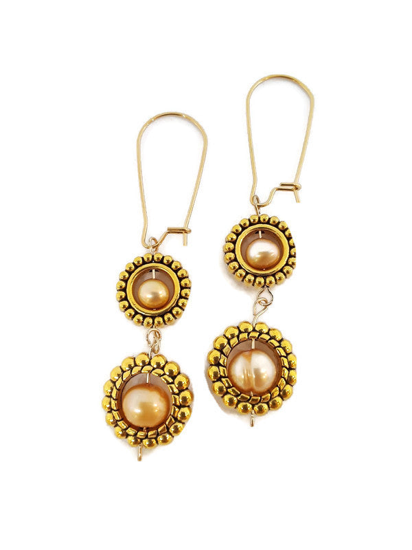 Champagne Color Fresh Water Pearl Dangle Earrings in Gold Tone Bead Frames (2 Tier)