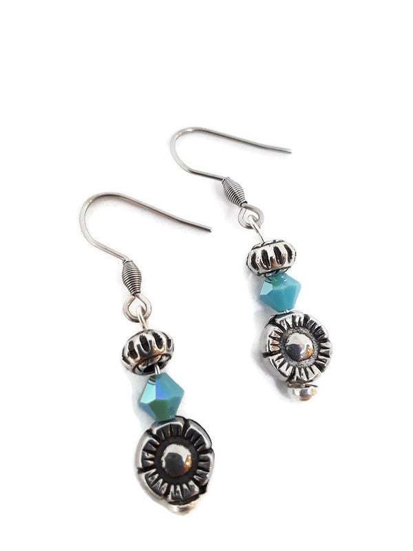 Turquoise Color Czech Glass Bead and Floral Metal Bead Earrings