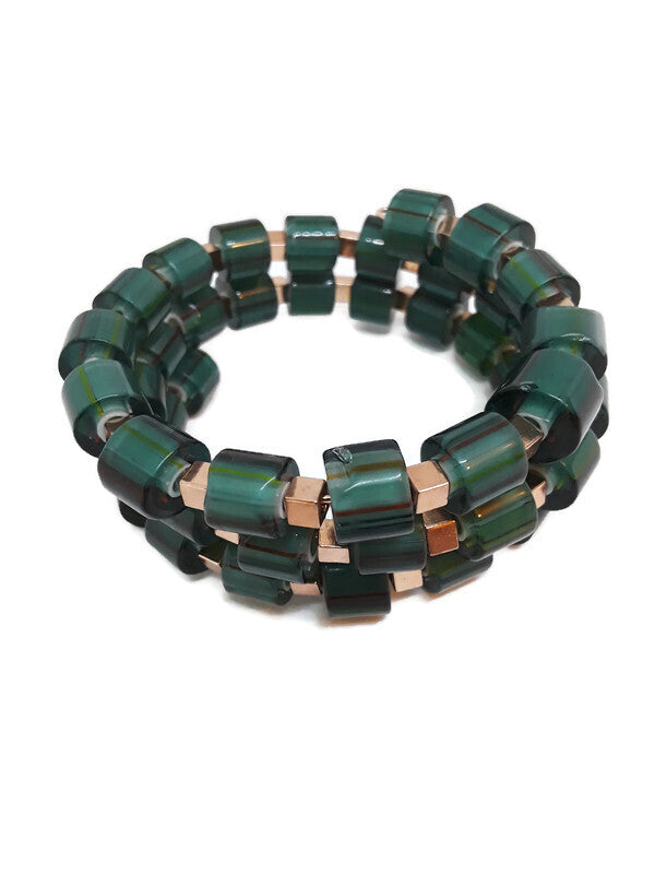 Emerald Green Color Bead Cane Glass Memory Wire Wrap Bracelet
