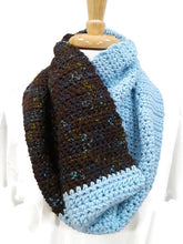 Load image into Gallery viewer, Brown Tweed and Light Blue Cowl with Fingerless Gloves
