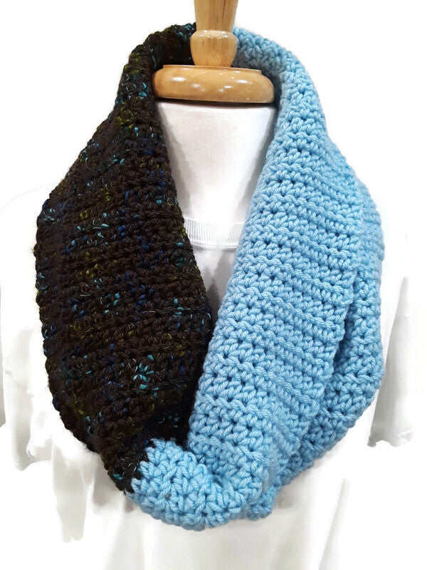 Brown Tweed and Light Blue Cowl with Fingerless Gloves