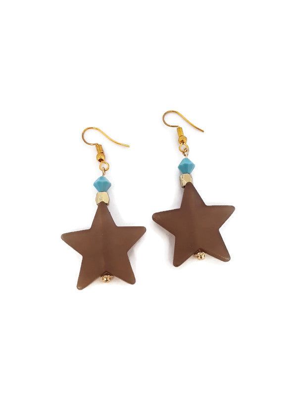 Brown Star Resin Bead Earrings with Light Blue Czech Glass Beads