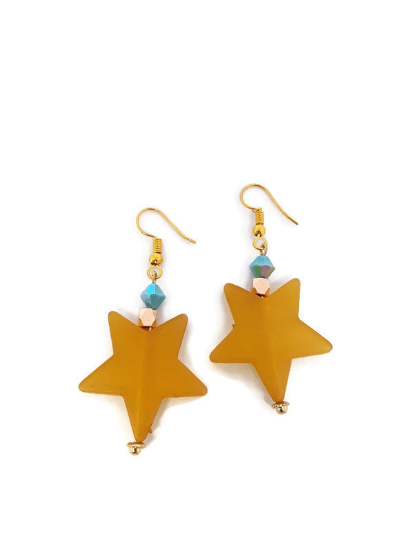 Golden Brown Star Resin Bead Earrings with Light Blue Czech Glass Beads