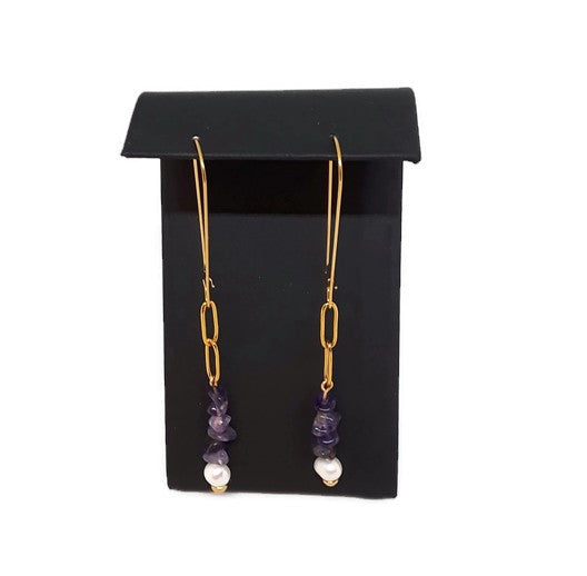 Judi Amethyst & Pearl Paperclip Chain Earrings