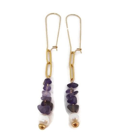 Judi Amethyst & Pearl Paperclip Chain Earrings