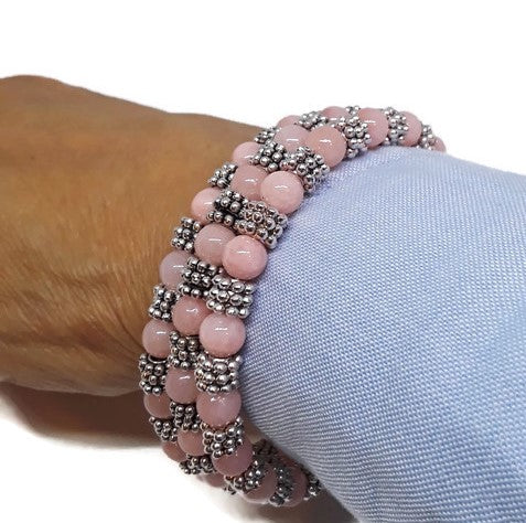 Rose Quartz Color Calcite Bead Memory Wire Wrap Bracelet